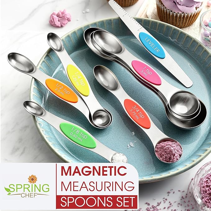 Spring Chef Stainless Steel Magnetic Measuring Spoons Set of 8 with Leveler, Nesting Metal Teaspoon & Tablespoon Measuring Spoons, Kitchen Gadgets for Baking & Cooking, Fits in Most Spice Jars - Neon - Image 7