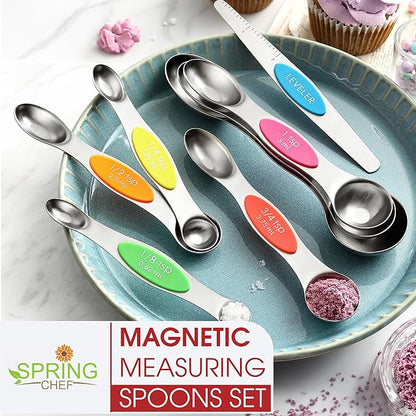 Spring Chef Stainless Steel Magnetic Measuring Spoons Set of 8 with Leveler, Nesting Metal Teaspoon & Tablespoon Measuring Spoons, Kitchen Gadgets for Baking & Cooking, Fits in Most Spice Jars - Neon - Image 7