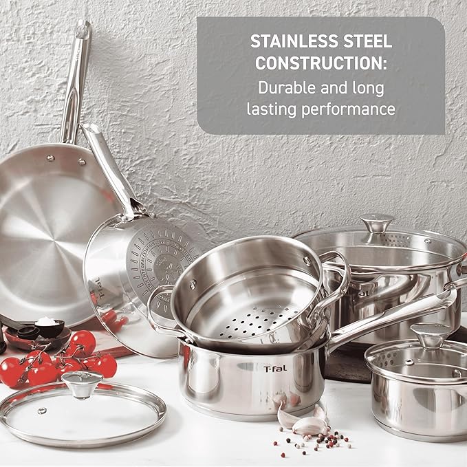 T-Fal Gourmet Stainless Steel Fry Pan 12.5 Inch Induction Compatible Skillet Pan, Fast and Even Heating, Oven Safe to 500F, Professional Grade Cookware for Home Chefs - Image 2