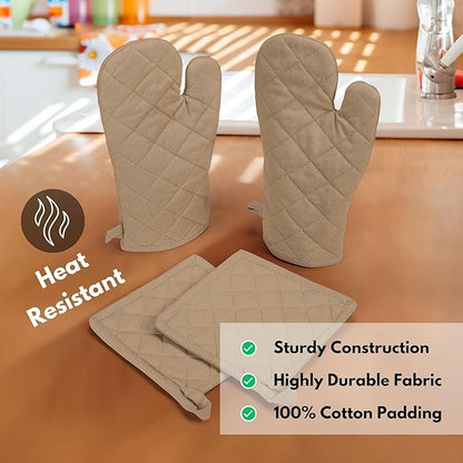 Native Fab Pot Holders and Oven Mitts Sets for Kitchen Heat Resistant- Hanging Non-Slip - 100% Cotton Oven Mitts and Pot Holders 4-Piece Set- Beige - Image 3