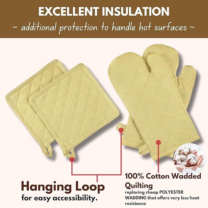 Native Fab 4 Piece Set - 2 Oven Mitts & 2 Potholders, Heat Resistant, 100% Cotton, Quilted Design, Non-Slip Grip, Machine Washable, Ideal for Baking, Cooking, BBQ, Kitchen Protection - Pale Yellow - Image 3
