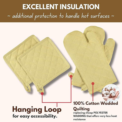 Native Fab 4 Piece Set - 2 Oven Mitts & 2 Potholders, Heat Resistant, 100% Cotton, Quilted Design, Non-Slip Grip, Machine Washable, Ideal for Baking, Cooking, BBQ, Kitchen Protection - Pale Yellow - Image 3