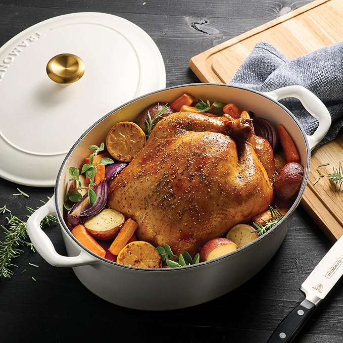 Tramontina Bestow Enameled Cast Iron Oval Dutch Oven Pot with Lid, Large 7-quart, Latte (Gold Knob) - Image 3