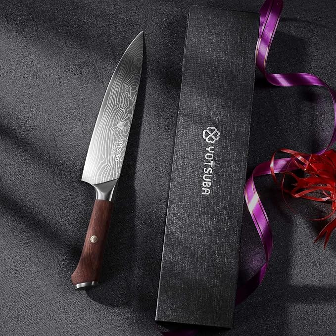 YOTSUBA 8 Inch Japanese Chef Knife, Ultra Sharp Professional Kitchen Knife, High Carbon Stainless Steel Knife with Ergonomic Wood Handle, Ideal for Home Cooking and Premium Gifting