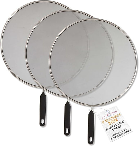U.S. Kitchen Supply 3-Piece Stainless Steel Splatter Guard Set 13" Fine Mesh Cover, Grease & Oil, Splatter Screen for Frying Pan, Cooking Pots, with Comfort Grip Handles by USKitchenSupply