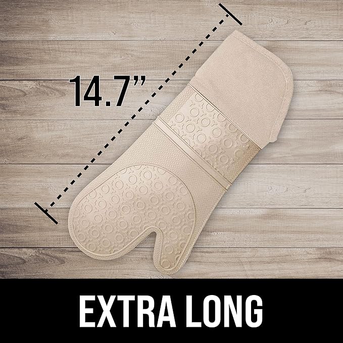 BPA-Free Silicone Oven Mitts Ultra Heat Resistant up to 500°F - Oven Mitts with Thick Cotton Liner - Long Slip Resistant Pot Holders, Flexible Oven Gloves - Beige 14.7 - Image 2