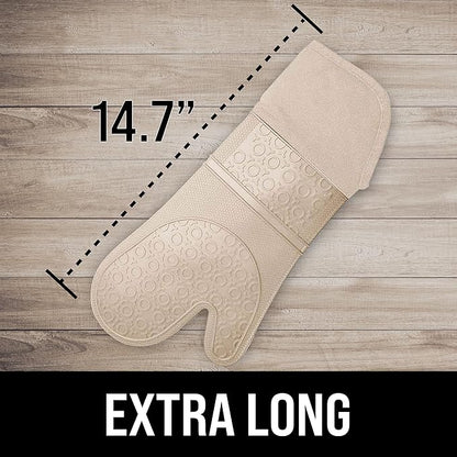 BPA-Free Silicone Oven Mitts Ultra Heat Resistant up to 500°F - Oven Mitts with Thick Cotton Liner - Long Slip Resistant Pot Holders, Flexible Oven Gloves - Beige 14.7 - Image 2
