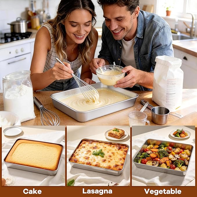 LIANYU 2 Pack Stainless Steel Baking Pan with Lid, 12⅓ x 9¾ x 2 Inch Rectangle Sheet Cake Pan, Lasagna Brownie Bakeware Set with Cover, Non-Toxic & Dishwasher Safe (2 Pans + 2 Lids)