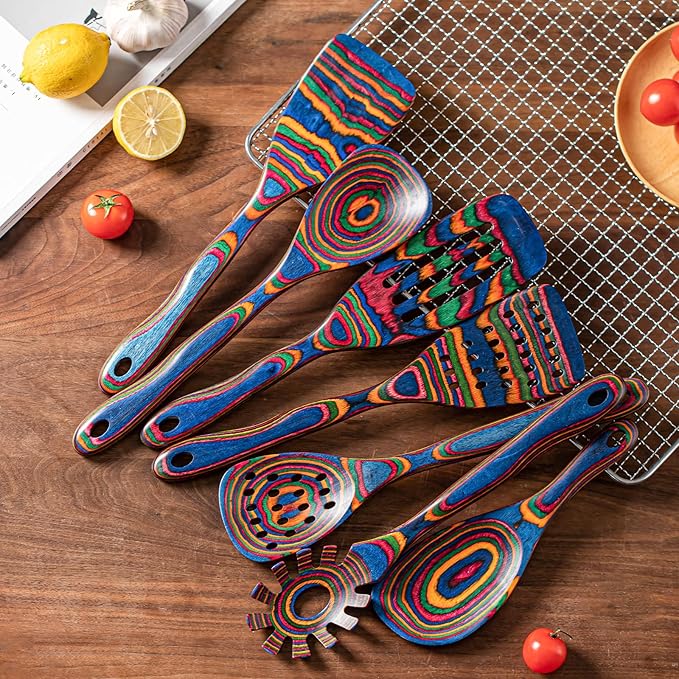 Gudamaye Pakka wood 7-Piece Blue Wooden Cooking Utensils, Wooden Spoons for Cooking, Wooden Spoon Set, Wooden Kitchen Utensil set, Pakkawood Cooking Spoons, Non-Stick Spoon,Pakkawood kitchen utensils - Image 2