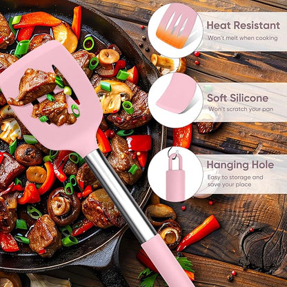 TeamFar Kitchen Utensils Set of 8, Silicone Utensils Kitchen Tools Set with Stainless Steel Handle, for Frying Serving Flipping Draining, Non-toxic & Heatproof, Nonstick & Dishwasher Safe - Pink - Image 3