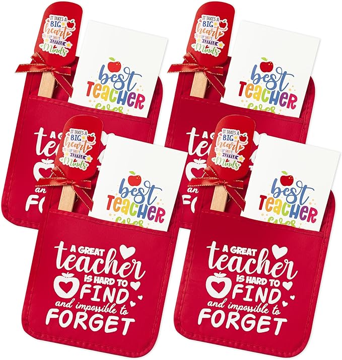 R HORSE Teacher Appreciation Gifts - 4 Pack Red Funny Pot Holder Set, Heat Resistant Oven Mitt with Silicone Spatula & Greeting Card, Unique Gift for Teacher Appreciation Week Thank You Present