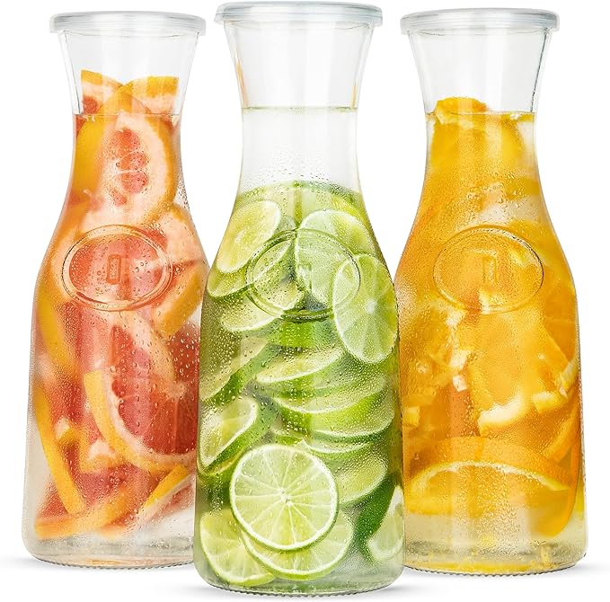 Glass Carafe Pitchers, by Kook, Large Carafe - set of 3, Beverage Dispensers, Clear Jugs For Mimosas, Water, Wine, Milk and Juice, with Plastic Lids, 50 oz Dishwasher Safe by Kook