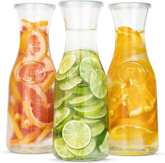 Glass Carafe Pitchers, by Kook, Large Carafe - set of 3, Beverage Dispensers, Clear Jugs For Mimosas, Water, Wine, Milk and Juice, with Plastic Lids, 50 oz Dishwasher Safe by Kook