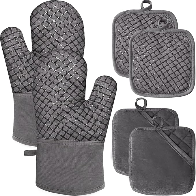 4 Pcs Oven Mitts and Pot Holders,High Heat 500°F Resistant Glove Potholder with Thick Cotton,Silicone Non-Slip Surface Long Kitchen Oven Glove for Cooking Baking Grilling(Grey) by Jizvxe