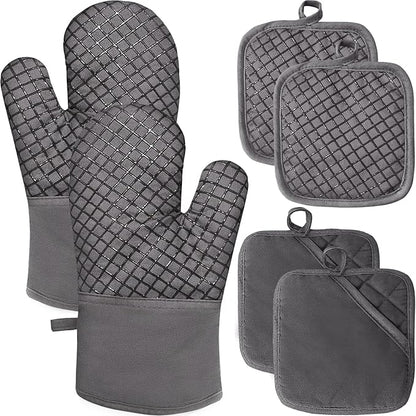 4 Pcs Oven Mitts and Pot Holders,High Heat 500°F Resistant Glove Potholder with Thick Cotton,Silicone Non-Slip Surface Long Kitchen Oven Glove for Cooking Baking Grilling(Grey) by Jizvxe