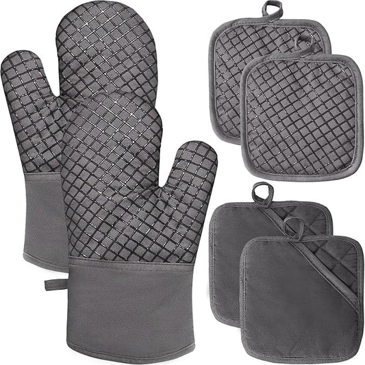 4 Pcs Oven Mitts and Pot Holders,High Heat 500°F Resistant Glove Potholder with Thick Cotton,Silicone Non-Slip Surface Long Kitchen Oven Glove for Cooking Baking Grilling(Grey) by Jizvxe