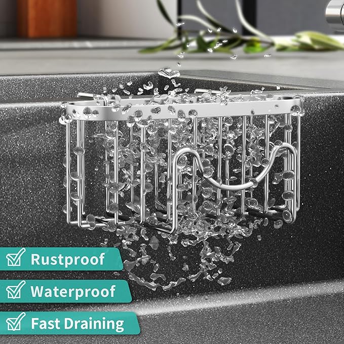 HapiRm Sponge Holder for Kitchen Sink - Rustproof Hanging Kitchen Caddy for Double-Bowl Sink, Center Divider Width Less Than 1.5in- Silver - Image 3