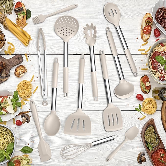 E-far Silicone Cooking Utensils Set, 30 Pcs Heat Resistant Kitchen Utensils with Stainless Steel Handle, Heat Resistant Kitchen Spatulas Turner Tong Spoon Whisk Ladle for Nonstick Cookware, Khaki - Image 7