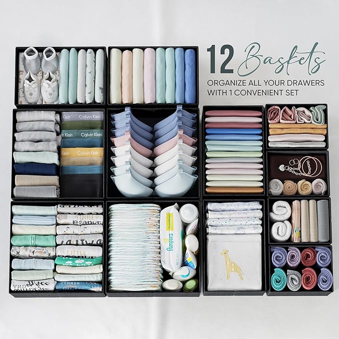 Drawer Organizer Clothes Set of 12 Black - Dresser Organizer For Nursery, Bedroom, Closet - Perfect Baby Clothes Organizer and Storage & General Nursery Organization or Dresser Drawer Organizers - Image 4