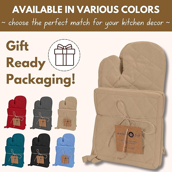 Native Fab Pot Holders and Oven Mitts Sets for Kitchen Heat Resistant- Hanging Non-Slip - 100% Cotton Oven Mitts and Pot Holders 4-Piece Set- Beige - Image 4