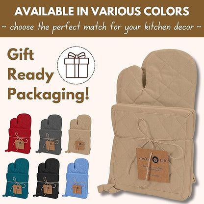 Native Fab Pot Holders and Oven Mitts Sets for Kitchen Heat Resistant- Hanging Non-Slip - 100% Cotton Oven Mitts and Pot Holders 4-Piece Set- Beige - Image 4