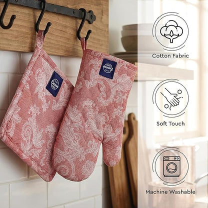 Encasa XO Heat Resistant 100% Cotton Oven Glove & Potholder Set with Loop, Kitchen Cooking Mittens, Microwave Safe Hot Pads (Floral Red)