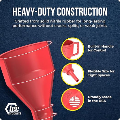 TEC Products FlexAll Short Neck Funnel - Flexible Funnel w/ Hose for Automotive Use - Durable Nitrile Rubber - Car Oil Change, Transmission Fluid, Diesel, Gas - USA Made - Small (8.3 x 4.3 Inches)