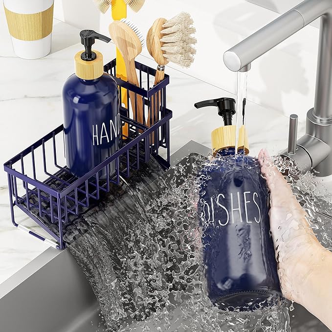 Cisily Navy Blue Kitchen Dish Soap Dispenser, 16 fl Oz Dual Kitchen Soap Dispensers with Sponge Holder, Customized Stainless Steel Kitchen Soap Dispenser Set, Modern Hand and Dish Soap Bottle Set - Image 7