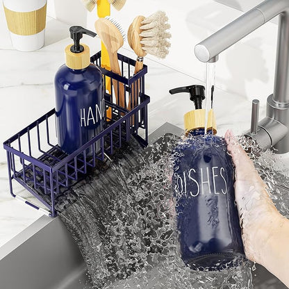 Cisily Navy Blue Kitchen Dish Soap Dispenser, 16 fl Oz Dual Kitchen Soap Dispensers with Sponge Holder, Customized Stainless Steel Kitchen Soap Dispenser Set, Modern Hand and Dish Soap Bottle Set - Image 7
