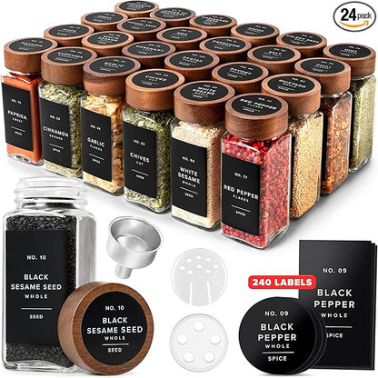EDELHAUS® Square Spice Jars with Acacia Wooden Lid (Pack of 24) Spice Jars with Shaker Insert and 240 Labels - Acacia Lids Glass Container for Spice Organisation [4.3 in × 1.8 in] by EDELHAUS