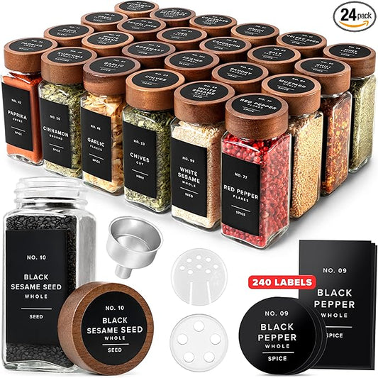 EDELHAUS® Square Spice Jars with Acacia Wooden Lid (Pack of 24) Spice Jars with Shaker Insert and 240 Labels - Acacia Lids Glass Container for Spice Organisation [4.3 in × 1.8 in] by EDELHAUS