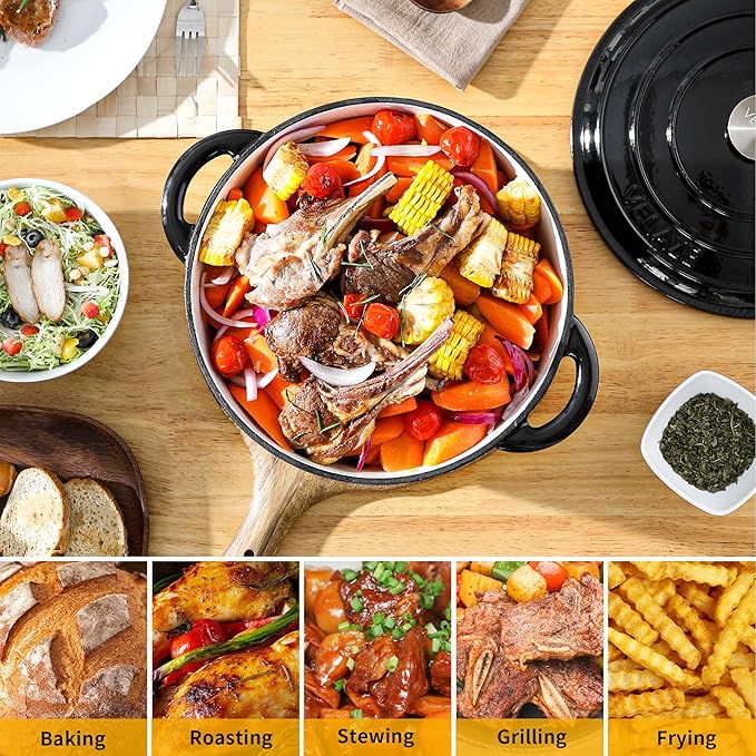 Velaze 7.5 QT Dutch Oven Pot with Lid, Enameled Cast Iron Dutch Oven with Dual Handles for Sourdough Bread Baking, Cooking, Non-stick Enamel Coated Cookware (Black) - Image 6