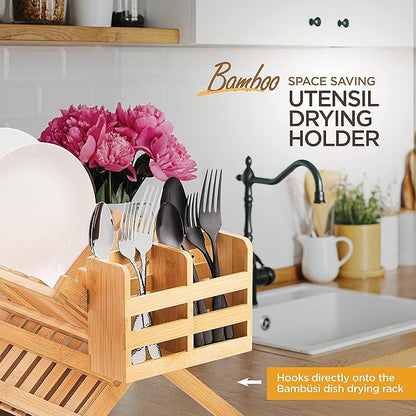 Bamboo Utensil Holder for Dish Rack - Flatware, Cutlery & Utensil Drying Caddy with Hooks - Fits BAMBUSI Bamboo Dish Drying Racks - Image 3