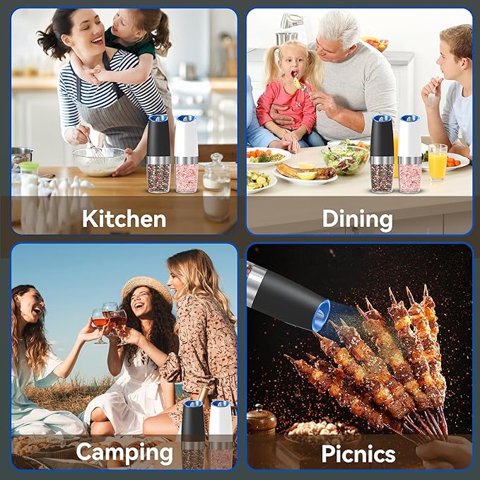 UNNEES Gravity Electric Salt and Pepper Grinder set of 2, Automatic Salt And Pepper Grinder Set, Adjustable Roughness, Battery Powered, LED Light, 2 Pack, (Black&White) - Image 7