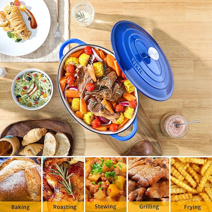Velaze 7.5 QT Enameled Oval Dutch Oven Pot with Lid, Cast Iron Dutch Oven with Dual Handles for Bread Baking, Cooking, Frying, Non-stick Enamel Coated Cookware（Blue) - Image 5