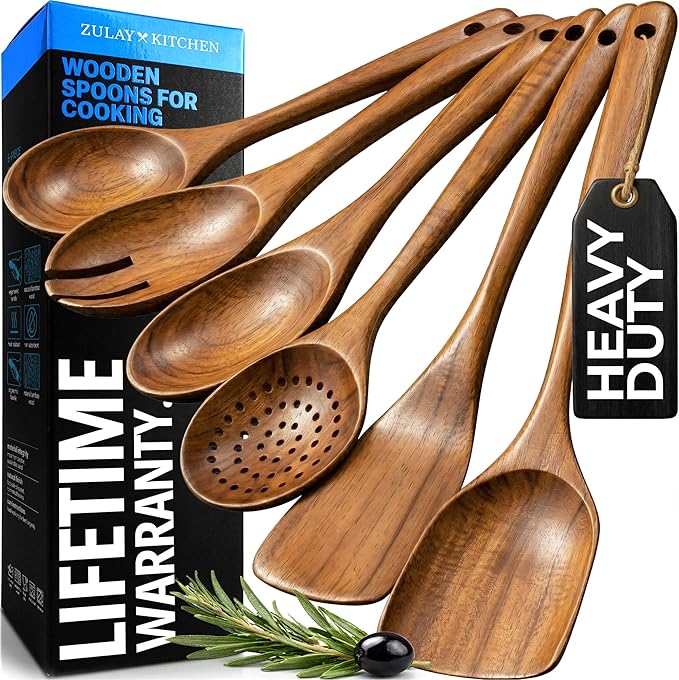 Zulay Kitchen 6 Piece Wooden Spoons for Cooking – Natural Teak Wooden Utensil Set, Easy to Clean, Durable, Smooth with Comfort Grip - Non Toxic Wooden Cooking Utensil Sets by ZulayKitchen