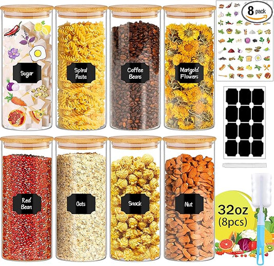 BGraceyy 32 oz 8 Pcs Glass Jars with Bamboo Lids, Stackable Clear Food Storage Jars, Airtight Kichen Glass Pantry Storage Containers with Lids for Rice, Candy, Sugar, Flour, Nuts, Cookie, Coffee Bean by BGraceyyMoments