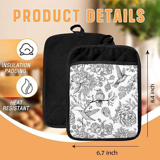 Vintage Floral Hummingbird Pot Holders with Pockets, Retro Rustic Flower Bird Oven Pot Holders Heat Resistant Oven Mitts Hot Pads for Kitchen Baking Cooking