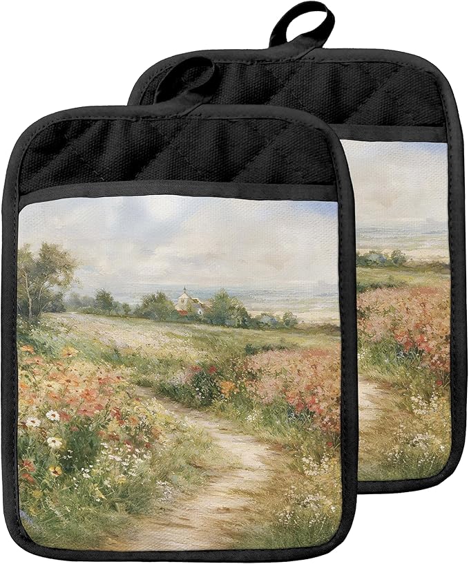 Rustic Wildflower Meadow Pot Holders with Pockets, Cottagecore Country Landscape Oven Pot Holders Heat Resistant Oven Mitts Hot Pads for Kitchen Baking Cooking