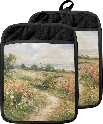 Rustic Wildflower Meadow Pot Holders with Pockets, Cottagecore Country Landscape Oven Pot Holders Heat Resistant Oven Mitts Hot Pads for Kitchen Baking Cooking