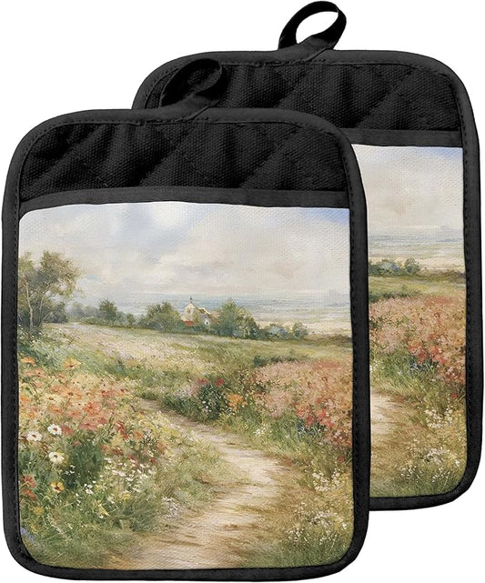Rustic Wildflower Meadow Pot Holders with Pockets, Cottagecore Country Landscape Oven Pot Holders Heat Resistant Oven Mitts Hot Pads for Kitchen Baking Cooking