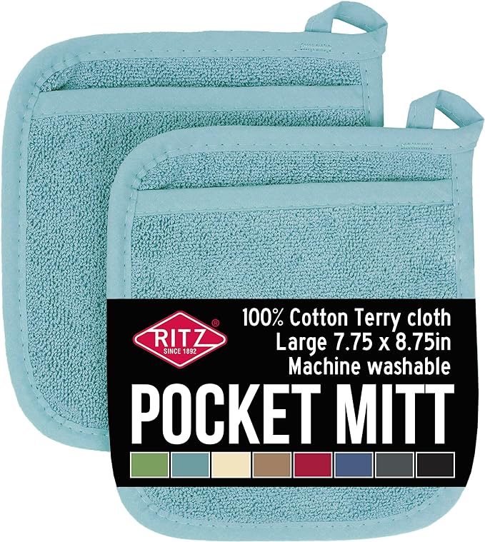 RITZ Terry Pocket Mitt & Hot Pad: Unparalleled Heat Resistant, Durable 100% Cotton – Ergonomically Designed for Optimal Grip – Easy-Care Machine Washable – 2-Pack, Dew by Ritz+Foodservice