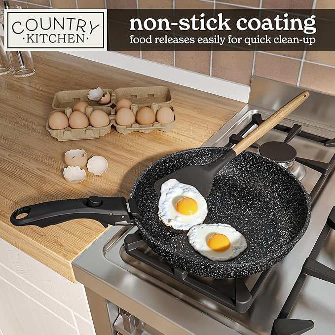 Country Kitchen Cookware Set with Removable Handle, Oven & RV Safe Pots and Pans Set, Black, Original - Image 4