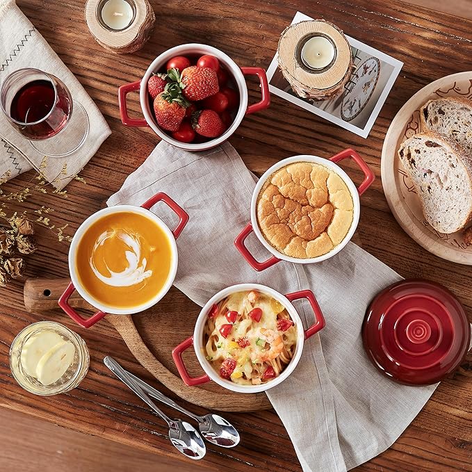 Lareina Mini Cocotte - 12oz Ceramic Casserole Dishes - Kitchen Casserole Sets With Handles And Lid - Small Baking Ramekins - Oven, Microwave & Dishwasher Safe - Set of 4 - Red - Image 7
