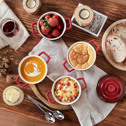 Lareina Mini Cocotte - 12oz Ceramic Casserole Dishes - Kitchen Casserole Sets With Handles And Lid - Small Baking Ramekins - Oven, Microwave & Dishwasher Safe - Set of 4 - Red - Image 7