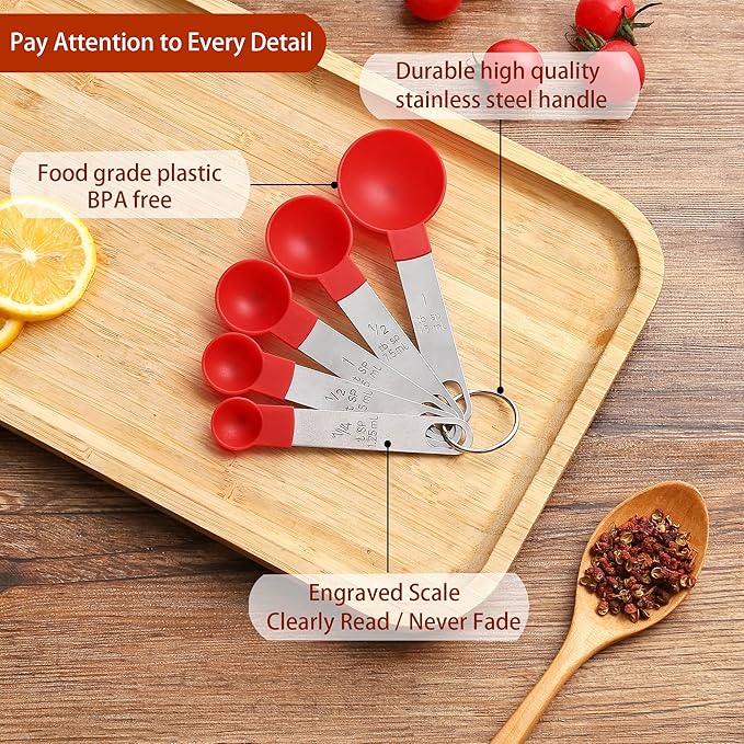 Measuring Cups and Spoons Set of Huygens Kitchen Gadgets 10 Pieces, Stackable Stainless Steel Handle Measuring Cups for Measuring Dry and Liquid Ingredient (Red) - Image 3