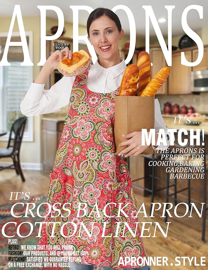 Cozy Adjustable Cross Back Aprons for Women with Pockets Cotton Linen Cooking Kitchen Baking