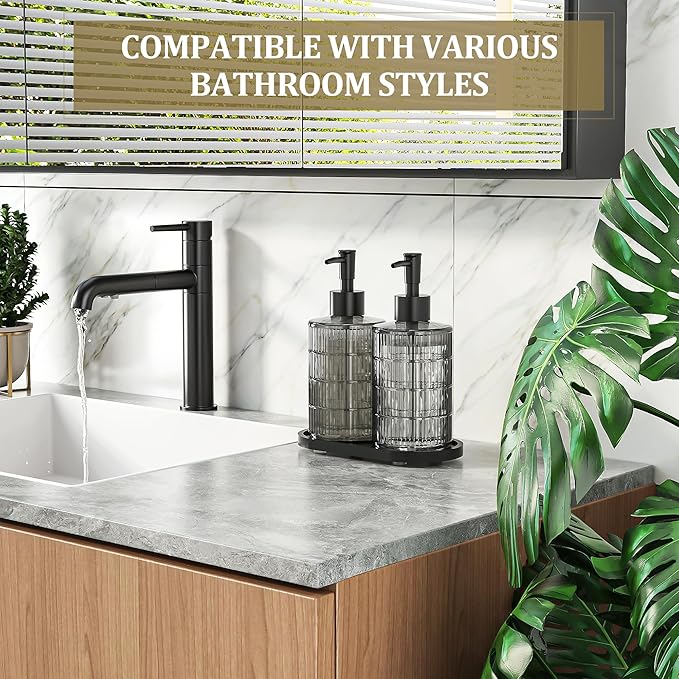 MASADI Soap Dispenser Set with Bamboo Tray, Dish and Hand Soap Lotion Dispenser Set with Wooden Pump for Kitchen and Bathroom Decor for Counter, Modern Vintage Liquid Soap Dispensers (Grey&Black) - Image 7