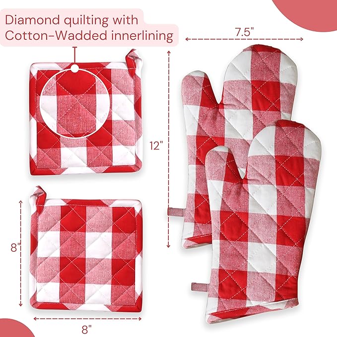 Oven Mitt & Pot Holder Buffalo Plaid Check 100% Cotton Heat Resistant Oven Gloves (7"x13") & Hot Pads (8"x8") Combo for Baking, Cooking - Red