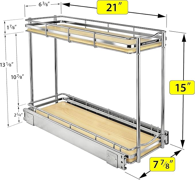 LYNK PROFESSIONAL® Élite™ Pull Out Spice Rack Organizer for Inside Kitchen Cabinets - 6" x 21" - Slide Out Drawer – Wood/Chrome Sliding Spice Organization for cabinet - Spice Racks - 2 Tier - Image 5